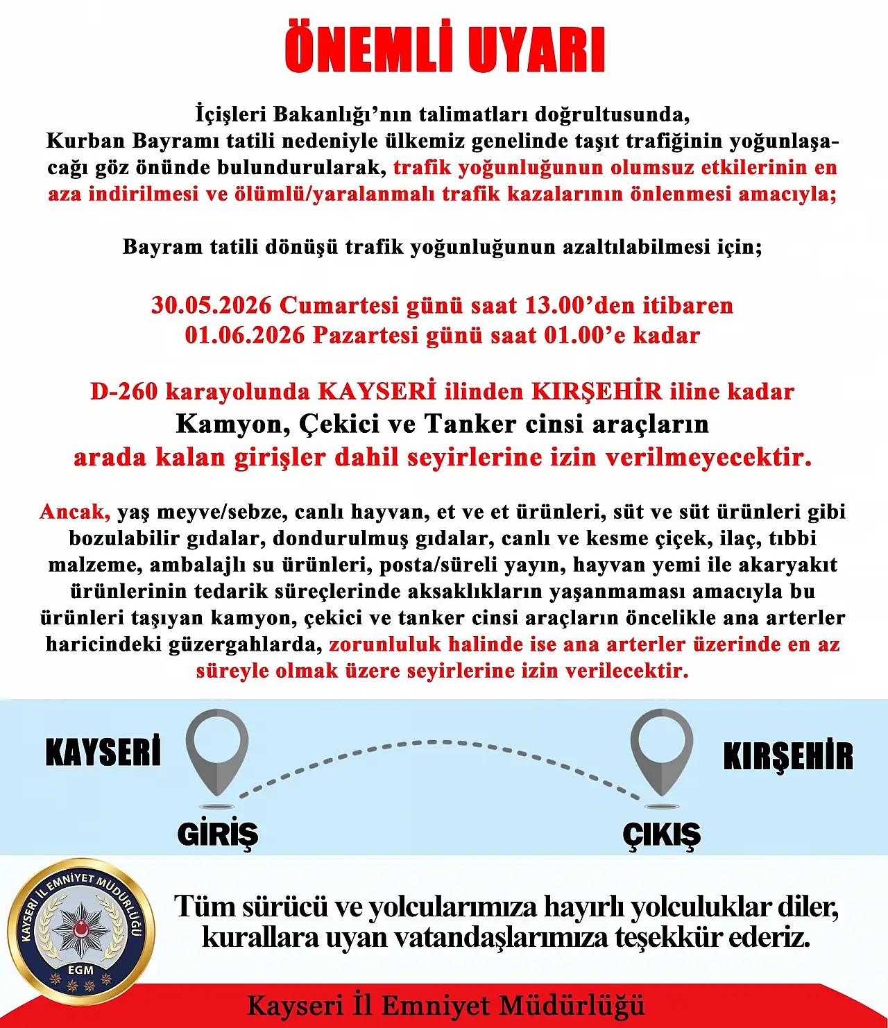 Kayseri-Kırşehir arasında ağır vasıtalara geçici geçiş yasağı