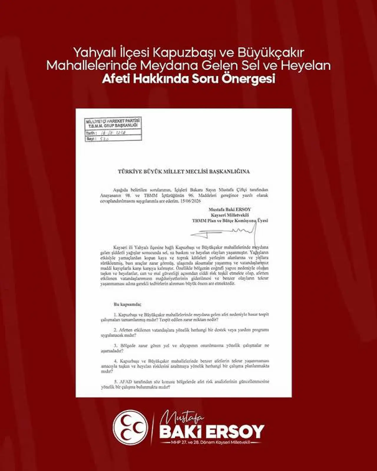 Ersoy, Yahyalı'daki afet mağduriyetini Meclis'e taşıdı