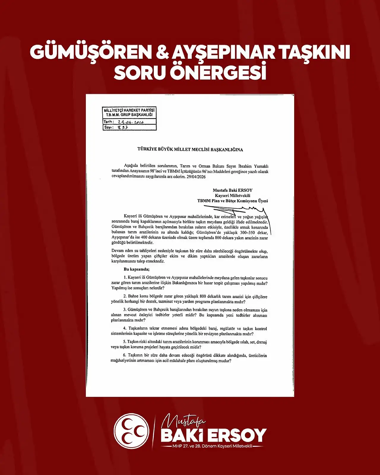 Vekil Ersoy, Develi'deki taşkını Meclis gündemine taşıdı