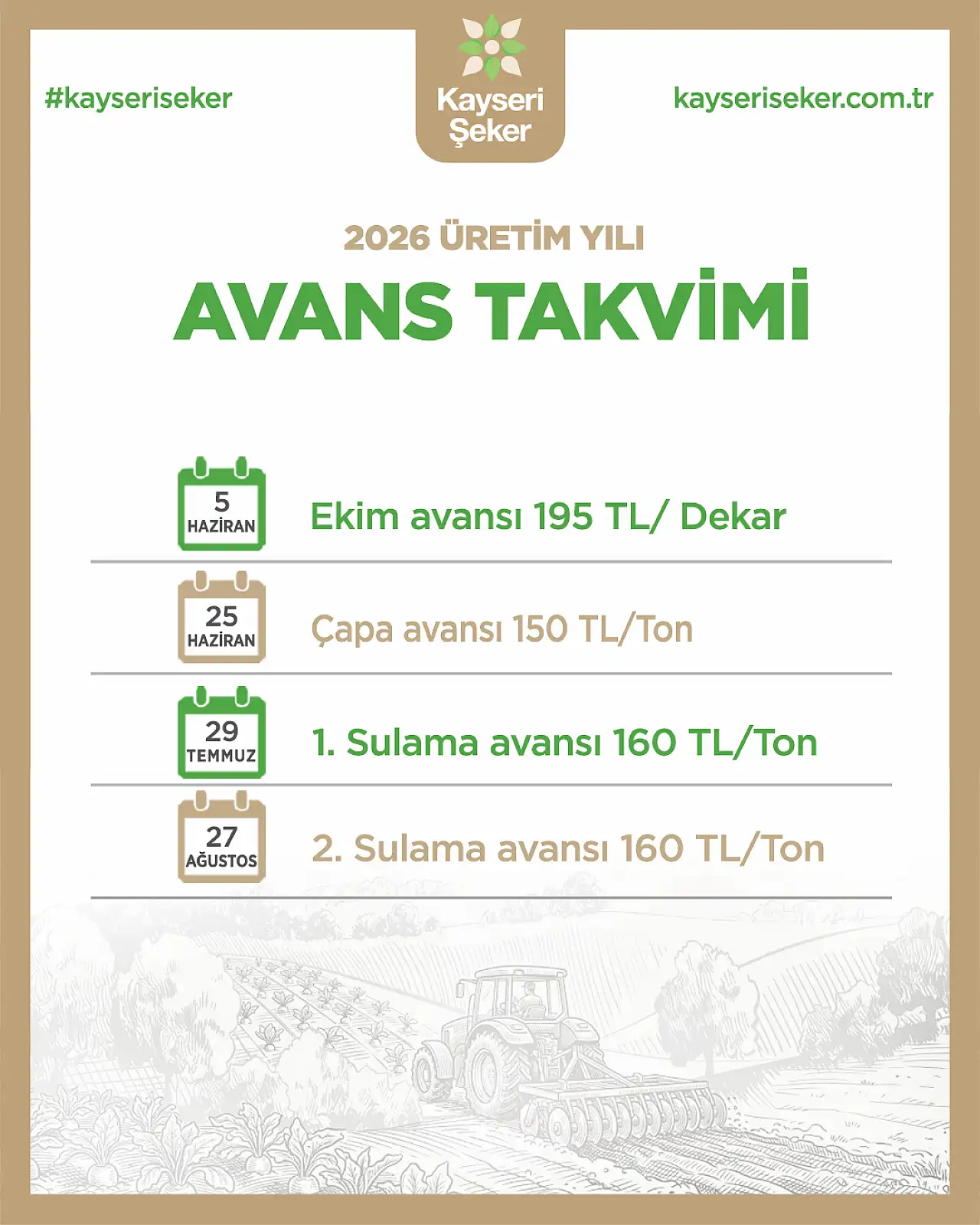 Kayseri Şeker 2026 üretim yılı avans takvimini açıkladı