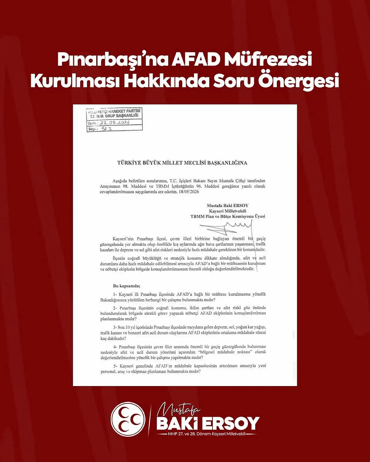Ersoy'dan Pınarbaşı'na AFAD Müfrezesi talebi