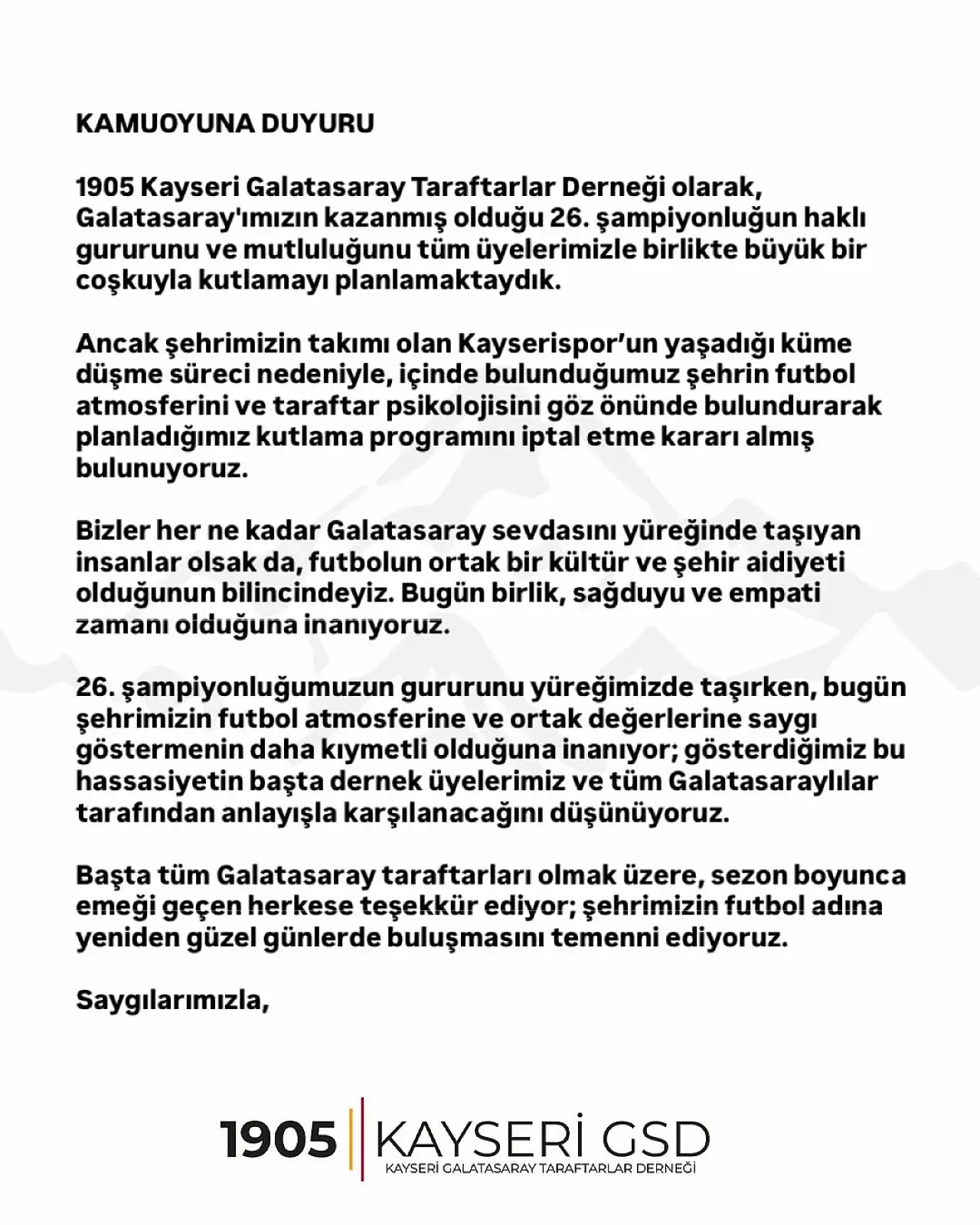 Kayseri'de Galatasaray Taraftar Derneği'nden dikkat çeken karar