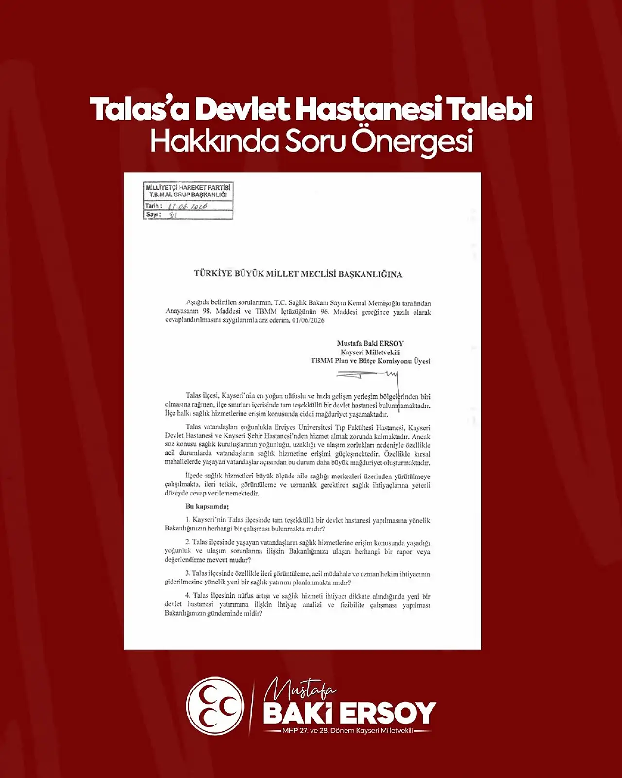 Baki Ersoy, Talas Devlet Hastanesi talebini meclis gündemine taşıdı