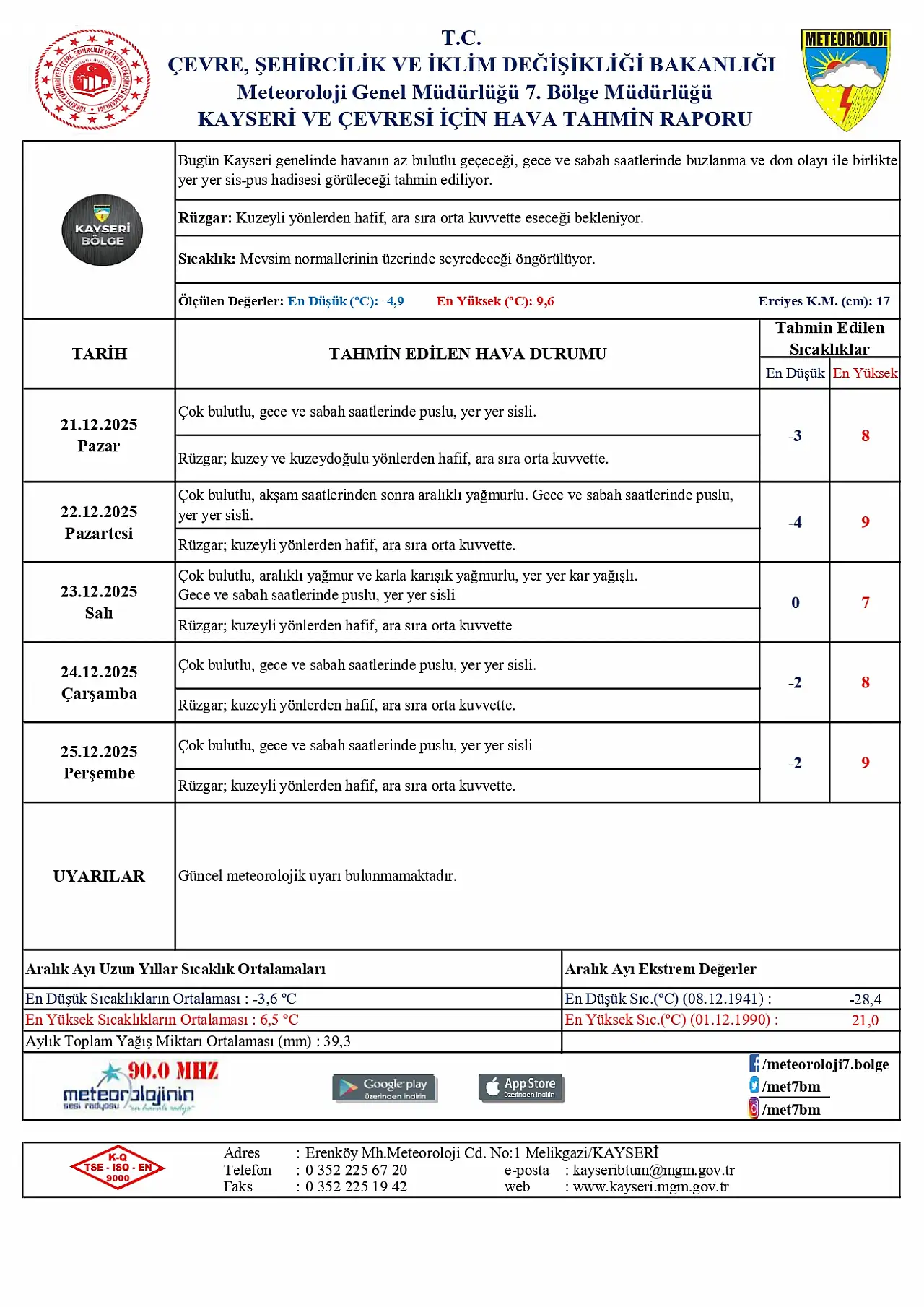 Meteoroloji duyurdu: Kayseri'ye salı günü kar geliyor