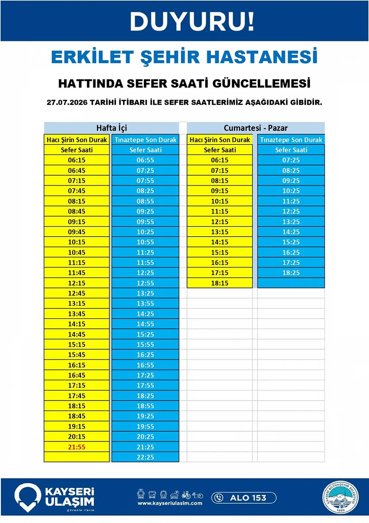 Kayseri'de toplu ulaşımda saatler güncellendi, yeni hat hizmete açıldı