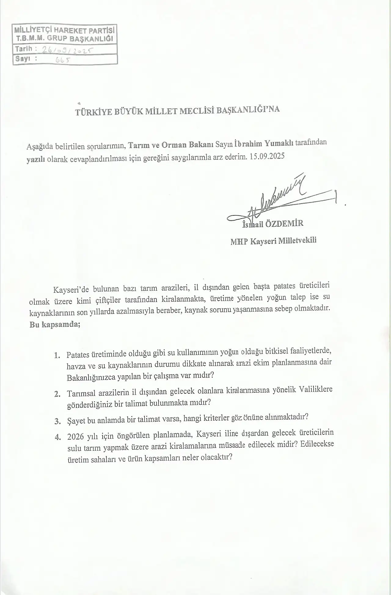 Özdemir'den Tarım Bakanlığı'na Zamantı Irmağı için soru önergesi