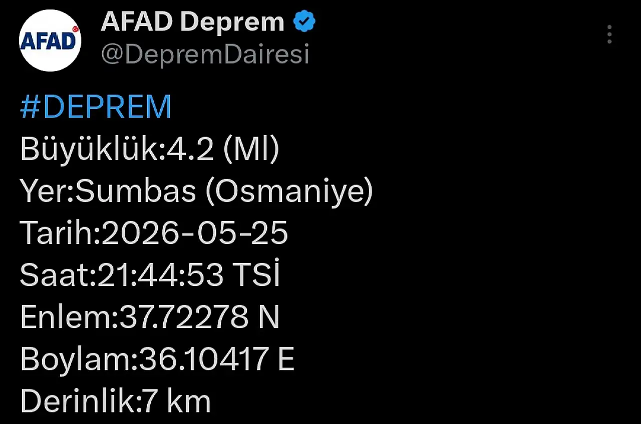 AFAD duyurdu! Osmaniye'de 4.2 büyüklüğünde deprem oldu