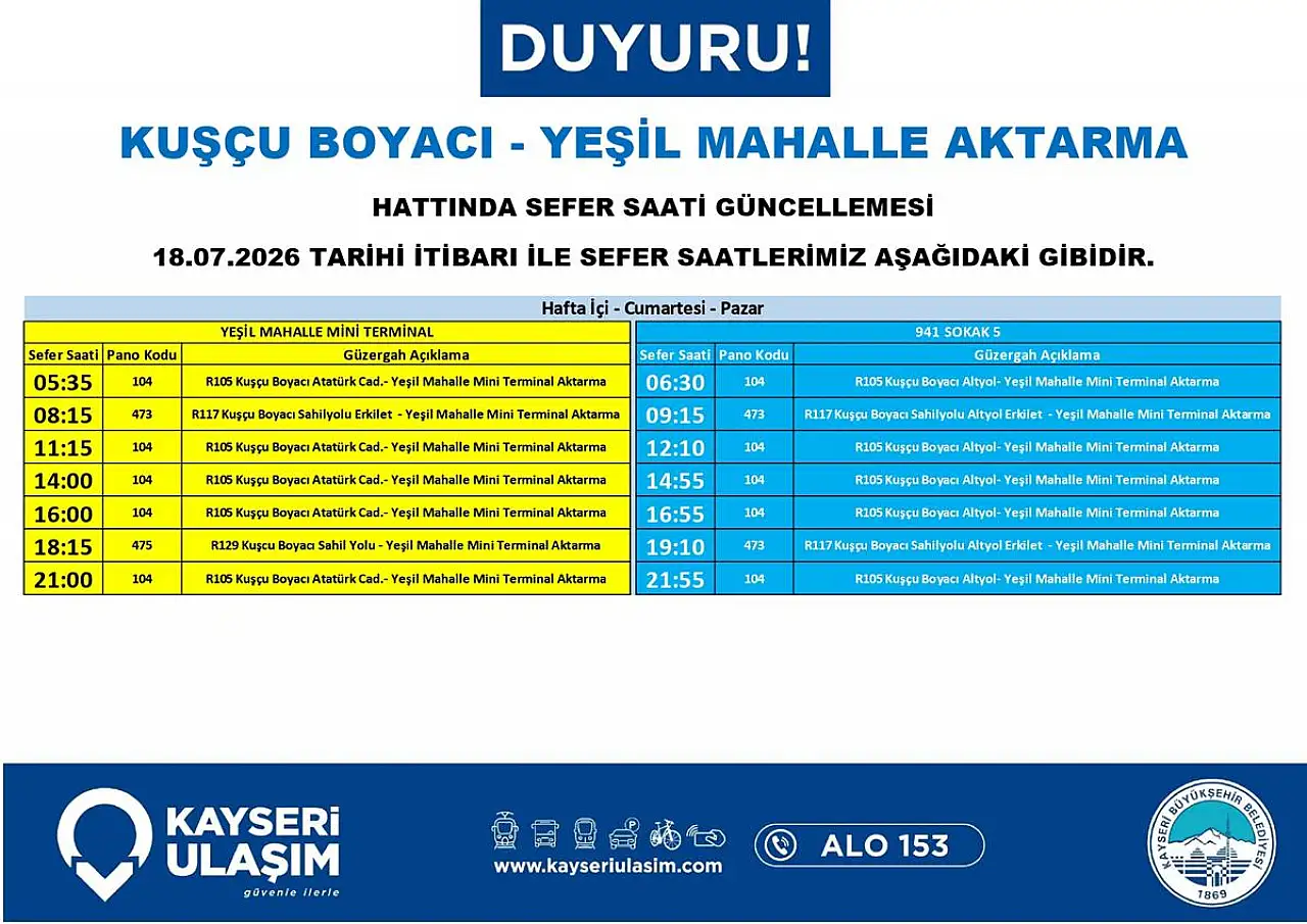 Kayseri'de toplu ulaşımda güzergah ve sefer saatleri güncellendi