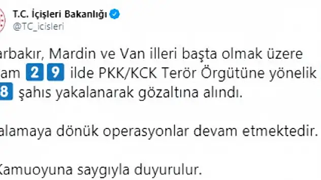 29 İLDE PKK/KCK OPERASYONU: 418 GÖZALTI