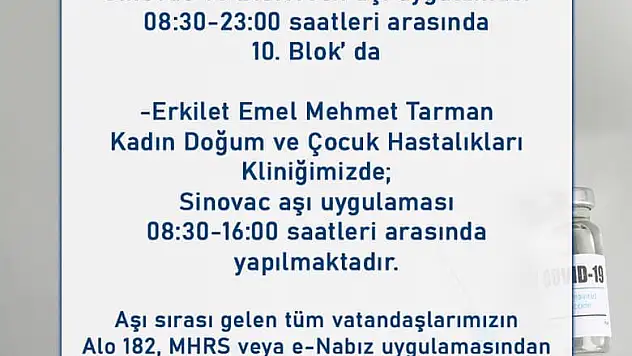 DEVLET HASTANESİ'NDE DE SİNOVAC VE BİONTECH AŞILARI YAPILMAYA BAŞLANDI