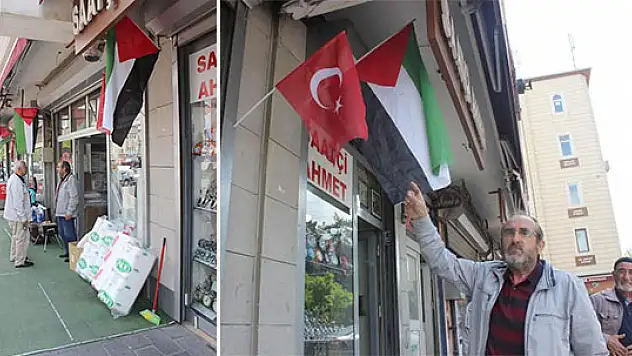 Esnaf, işyerlerine Filistin bayrakları astı