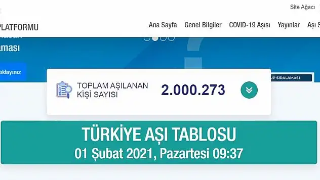 TÜRKİYE'DE AŞILANAN VATANDAŞ SAYISI 2 MİLYONU GEÇTİ