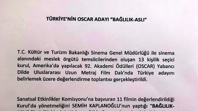 Türkiye'nin Oscar Aday Adayı Belli Oldu