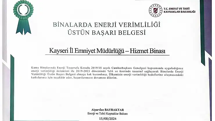 BAKANLIKTAN KAYSERİ EMNİYET'İNE ÜSTÜN BAŞARI ÖDÜLÜ