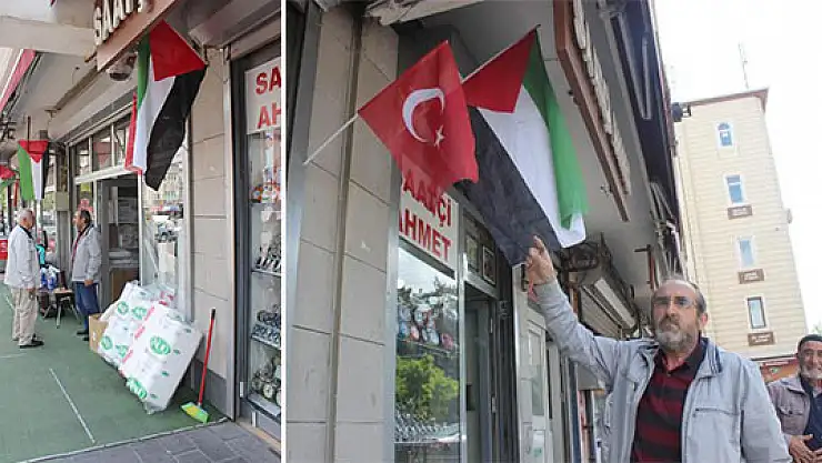 Esnaf, işyerlerine Filistin bayrakları astı