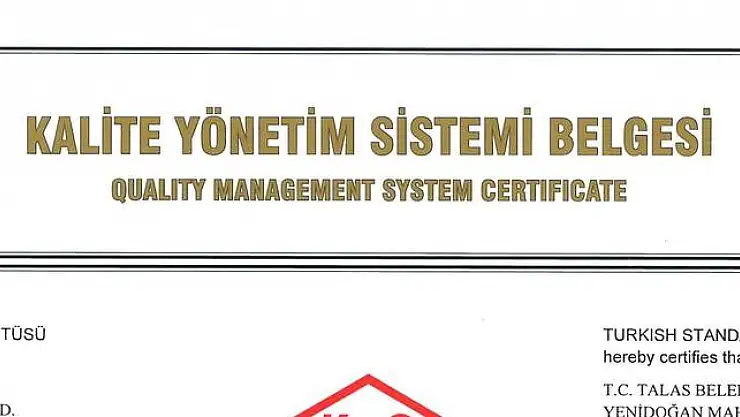 KALİTESİ TESCİLLİ BELEDİYE 'TALAS'